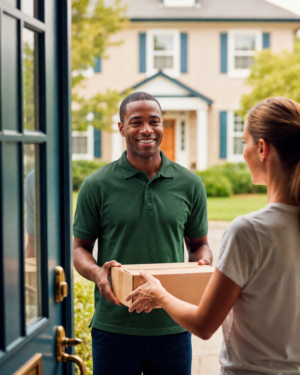 An Eversure courier handing a parcel to a customer at her front door